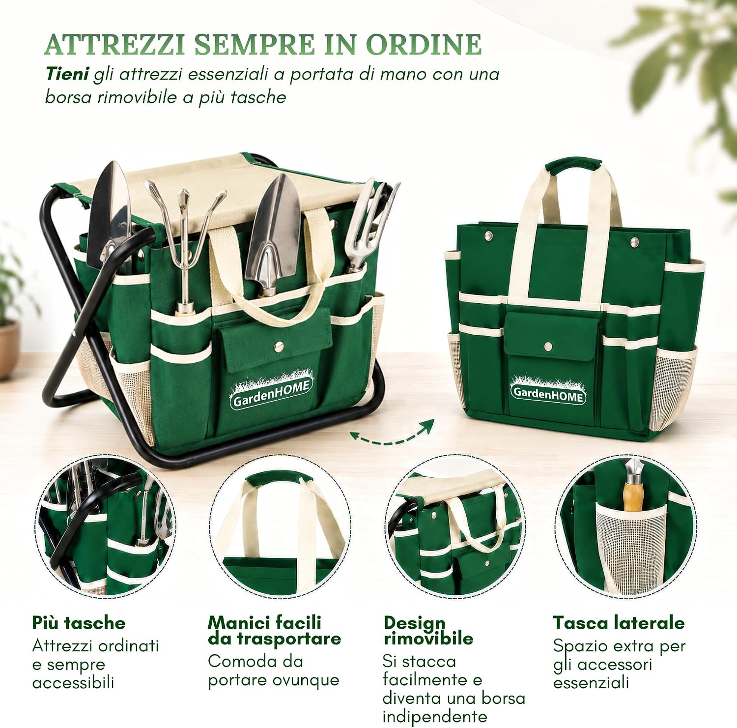 Thumbnail 6 de GardenHOME Set di attrezzi da giardino 7 pezzi con sgabello pieghevole e borsa