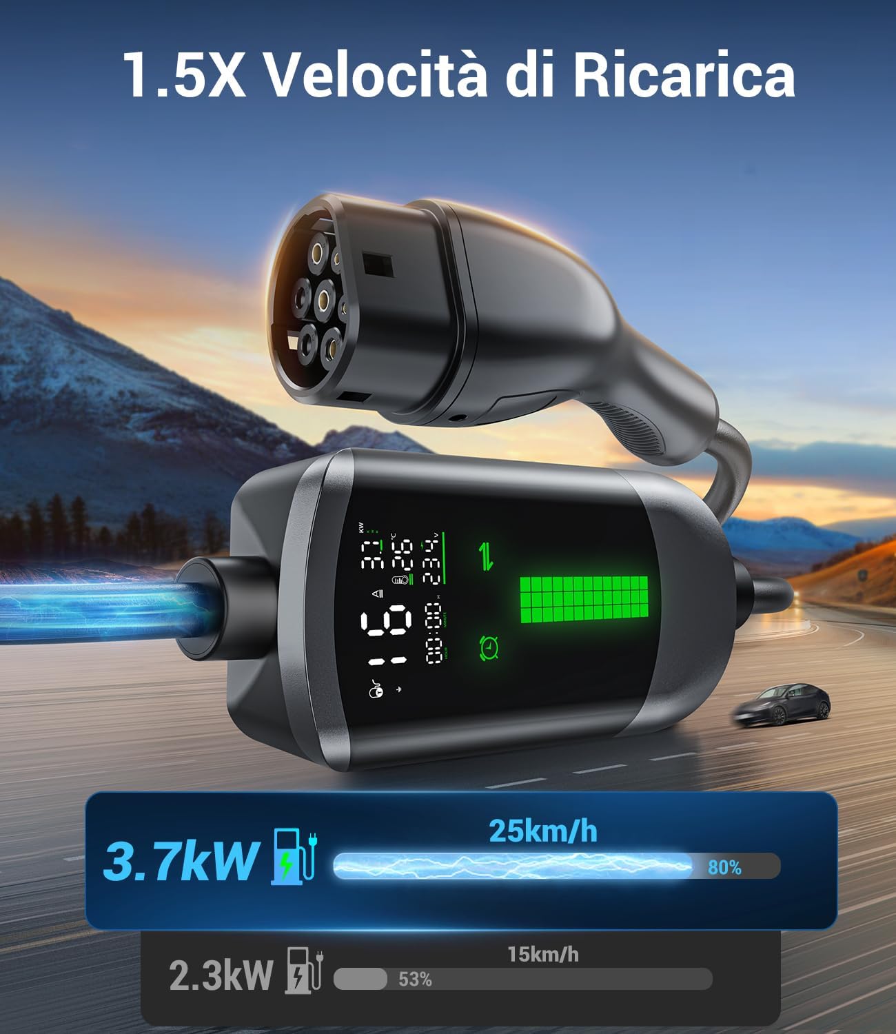 Thumbnail 1 de Colonnina ricarica auto elettrica con wallbox portatile WityCharge 3,7 kW Schuko 16A, LCD e timer 1–12 h, IP65 (IEC 62196-2)