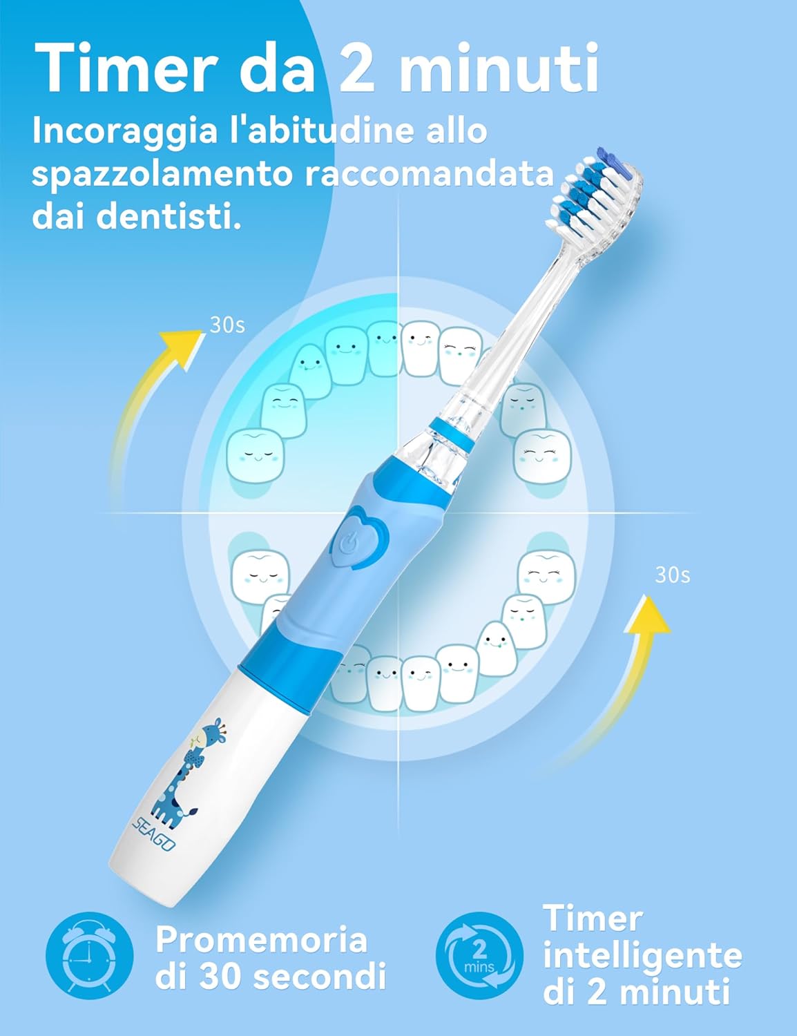 Thumbnail 4 de Seago Spazzolino Elettrico Bambini 3-12 anni SG-977 (azzurro) con 4 testine, LED e timer
