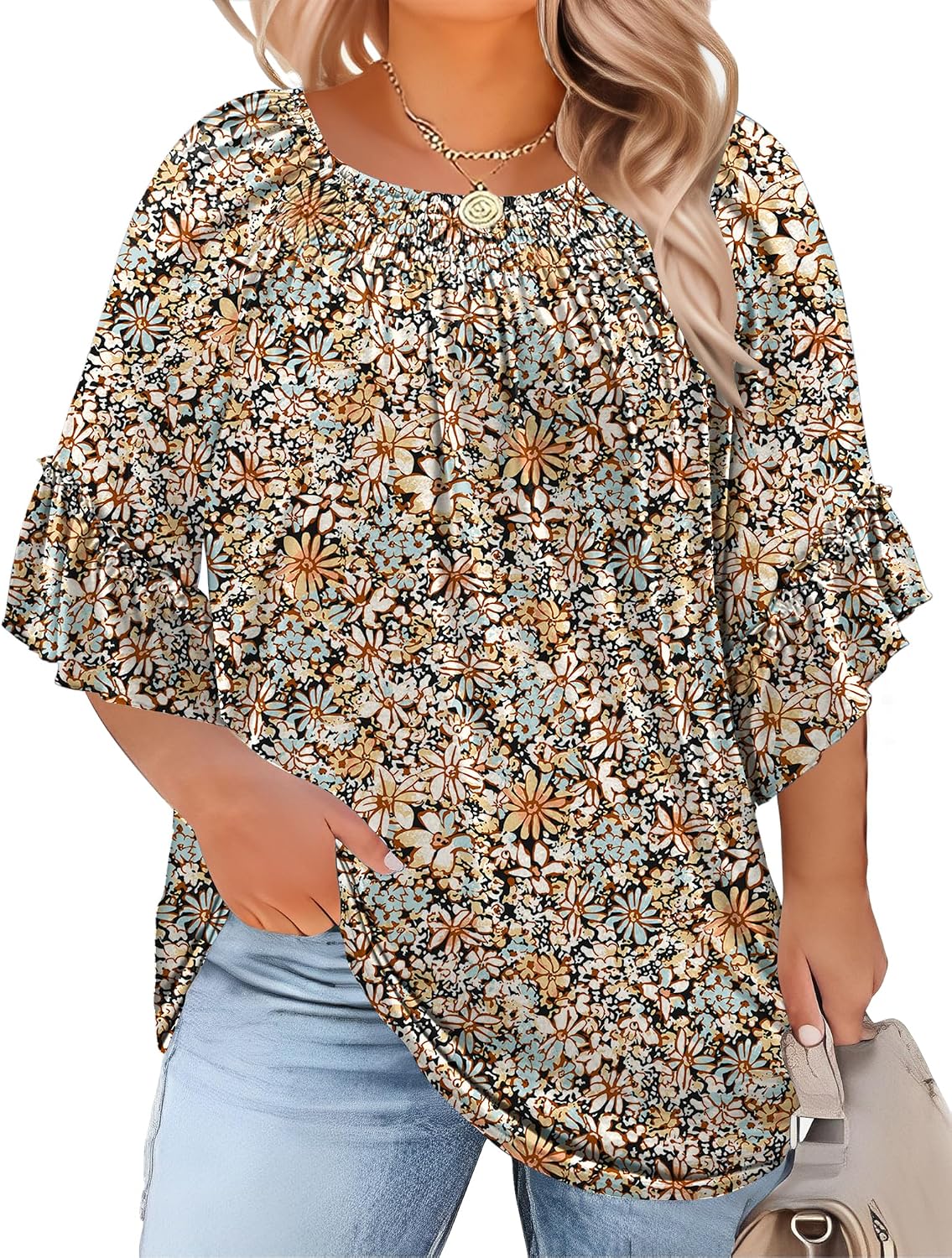 Thumbnail 6 de Micoson Women’s Plus Size Pleated Ruffle Sleeve Top (3/4 Bell Sleeves), 1X–5X