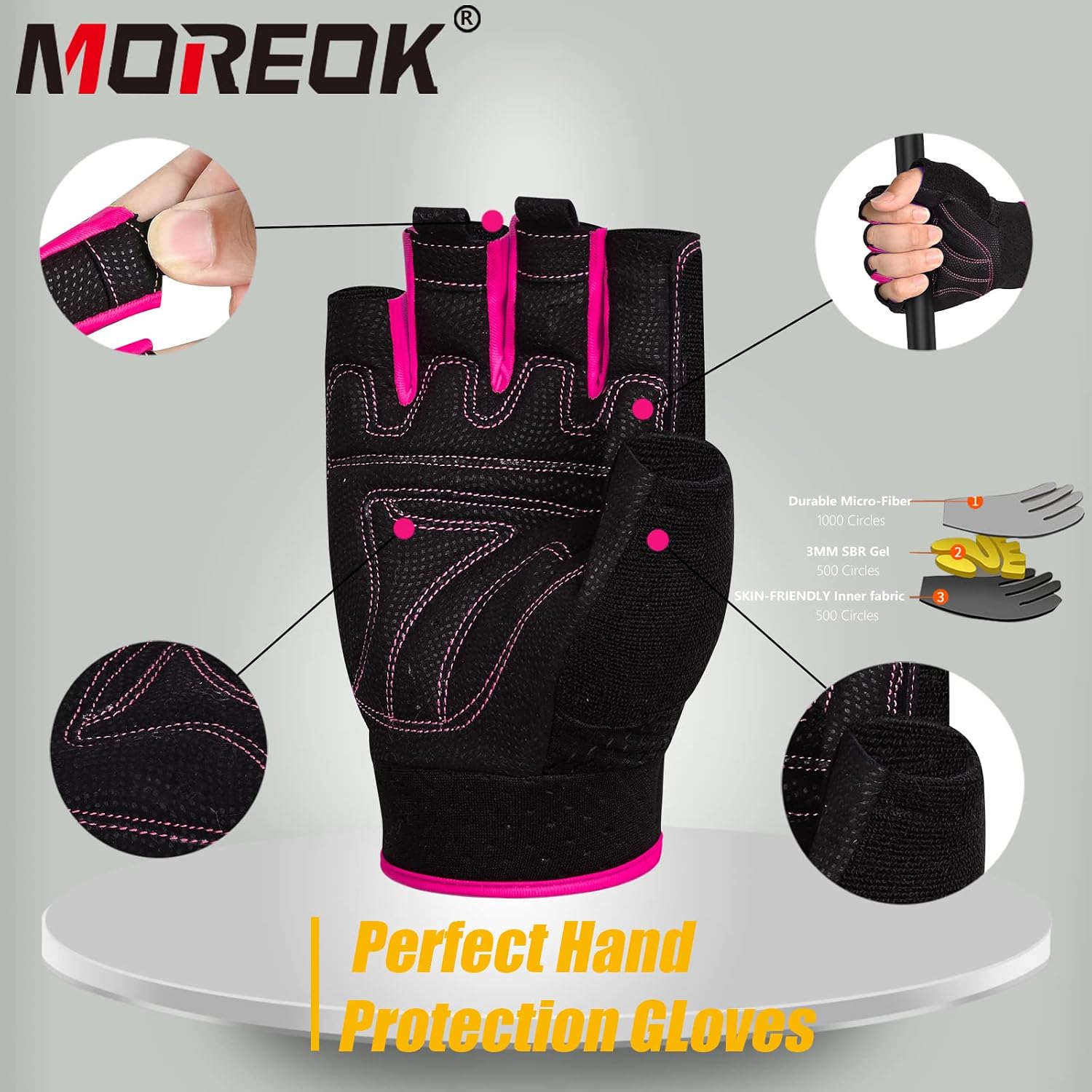 Detalle 2 de MOREOK MK1003 Fingerless Workout Gloves, 3mm Gel Palm Pads, Adjustable Wrist