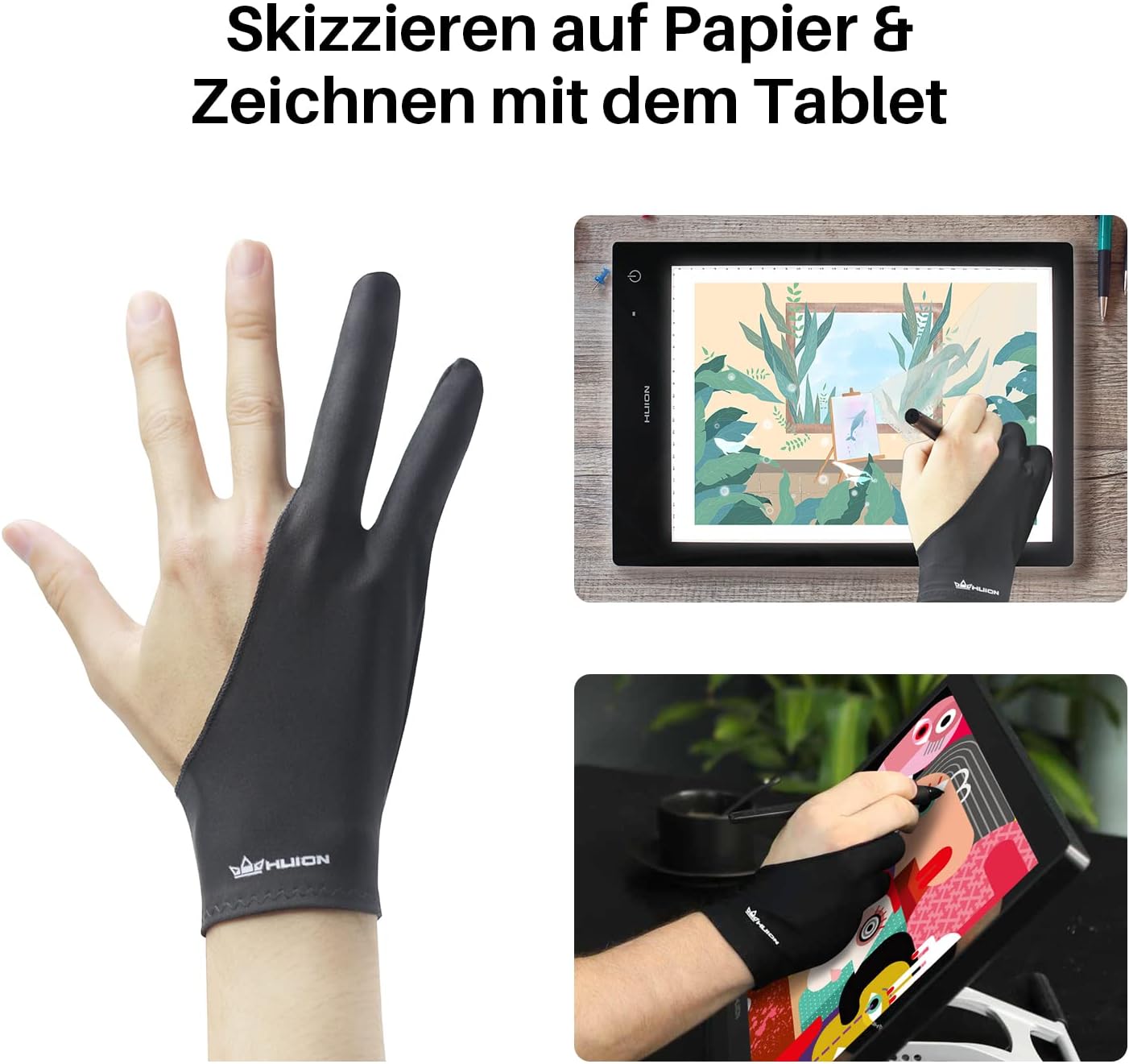 Detalle de HUION Künstler-Zeichenhandschuh für Zeichentablett & Skizzieren – Zwei-Finger-Design, elastisches Lycra, Groß