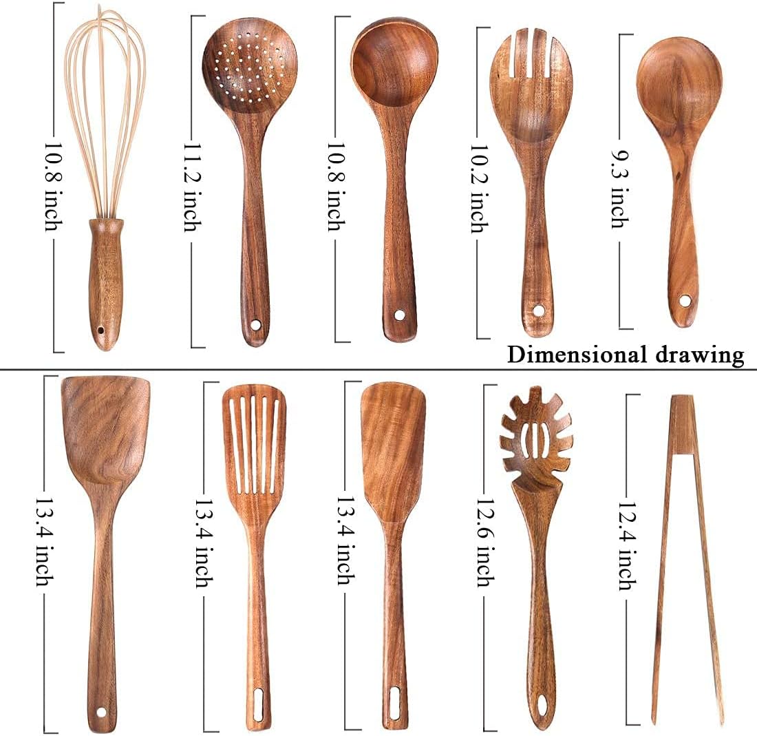 Detalle de 10-Pack Teak Wooden Cooking Utensils Set (Wood Spoons, Spatulas, Ladle & More) — Non-Scratch Kitchen Tools