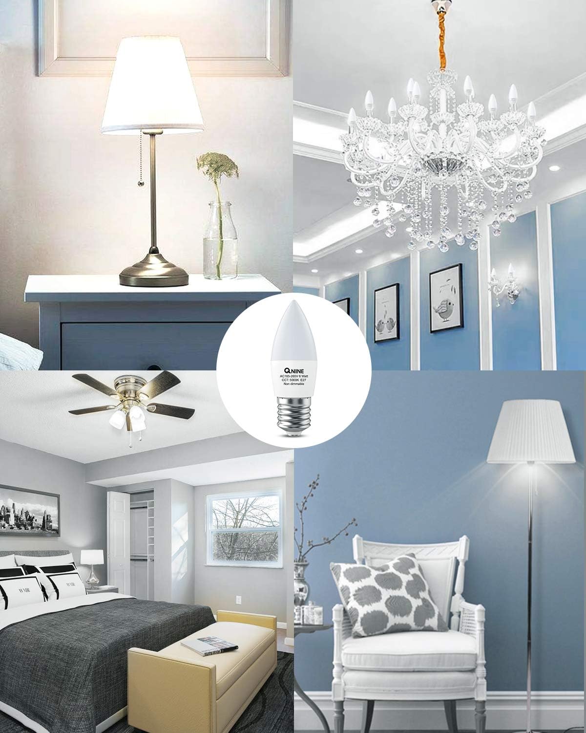 Thumbnail 6 de QNINE 12-Pack Cool White E27 LED Candle Bulbs, 6W (60W Equivalent), 540lm, 5000K, Non-Dimmable