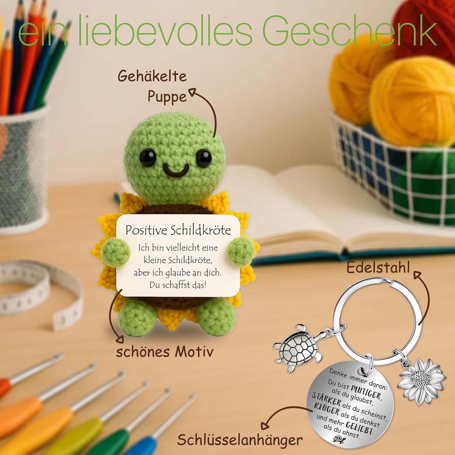 Thumbnail 1 de Farbeele Positive Sonnenblumen-Schildkröte & Glücksbringer-Schlüsselanhänger als Pocket Hug Mutmacher-Geschenk