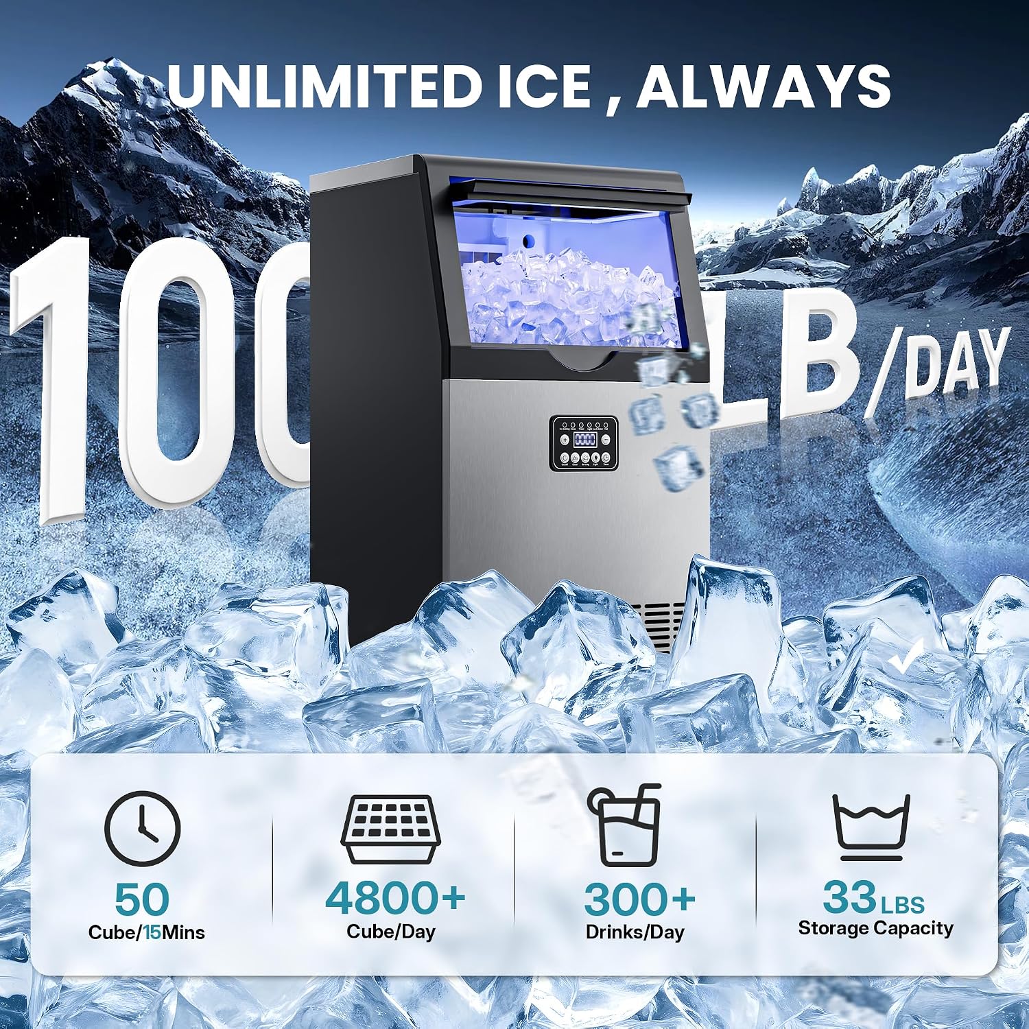 Detalle 2 de Manastin CIM100-01 Commercial Ice Maker, 100 lb/24h, Under-Counter, Self-Cleaning