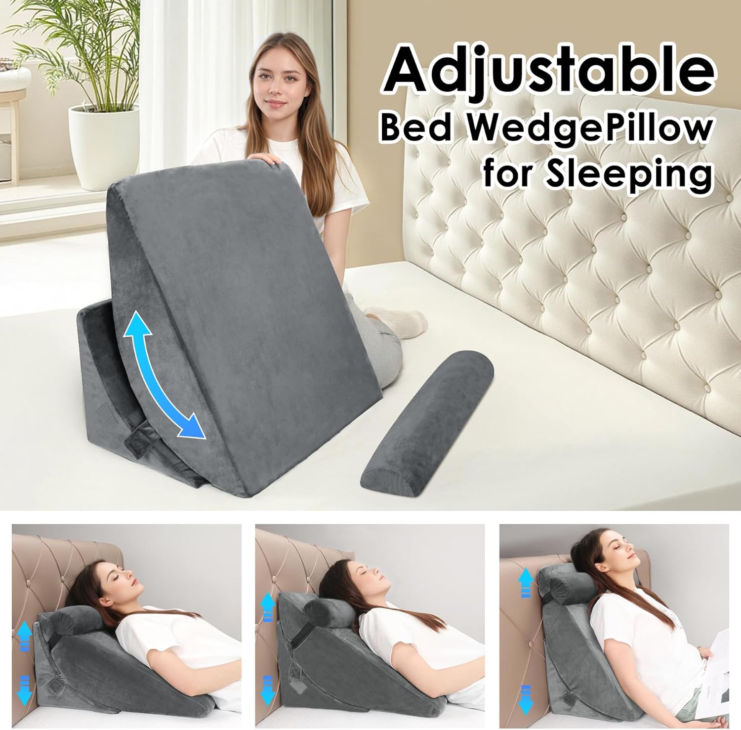 Detalle 2 de WENRENER Bed Wedge Pillow for Sleeping: Adjustable 3-Piece Foam Wedge Set (Dark Gray)