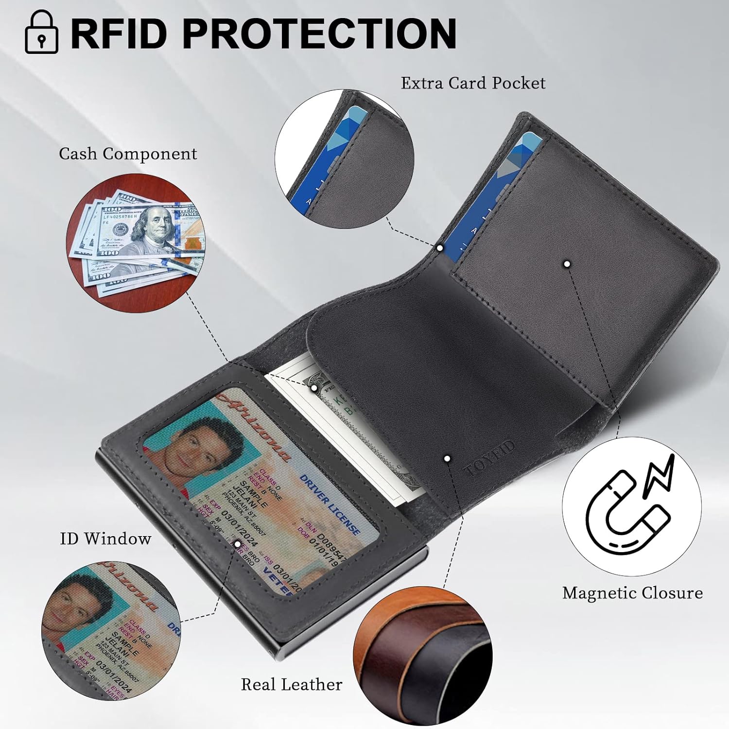 Detalle de TOYFID Leather Wallet for Men with RFID Blocking Pop Up Card Holder and AirTag Slot