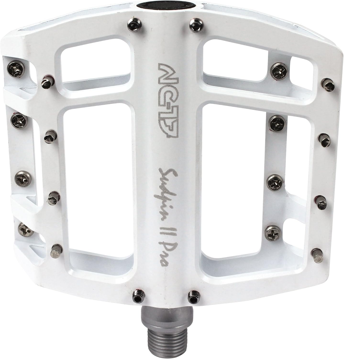 Detalle de NC-17 Sudpin II Pro – białe aluminiowe pedały platformowe z osią Cr-Mo