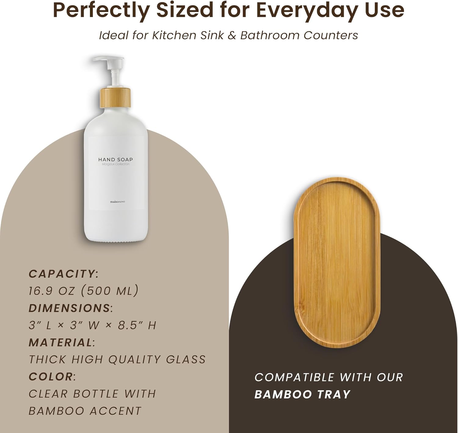 Detalle de MaisoNovo Distributeur Savon et Liquide Vaisselle – Lot de 2 x 500 ml ambré en verre avec pompe noire et plateau en bambou