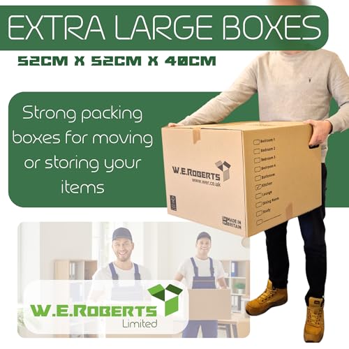 Detalle de W.E. Roberts 10 Strong Extra Large Cardboard Moving Boxes (52cm x 52cm x 40cm) with Printed Room List and Carry Handles