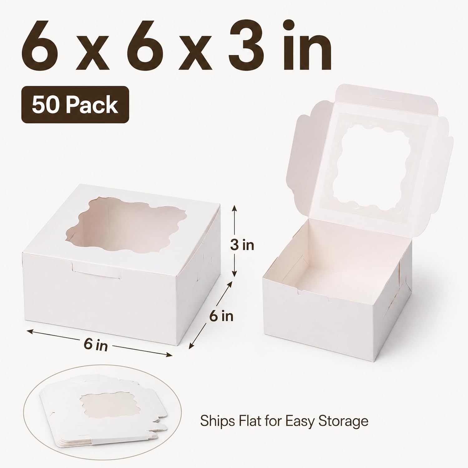 Detalle 2 de uprinacc 6 x 6 x 3 in Bakery Boxes with Window, Stickers, White Paperboard