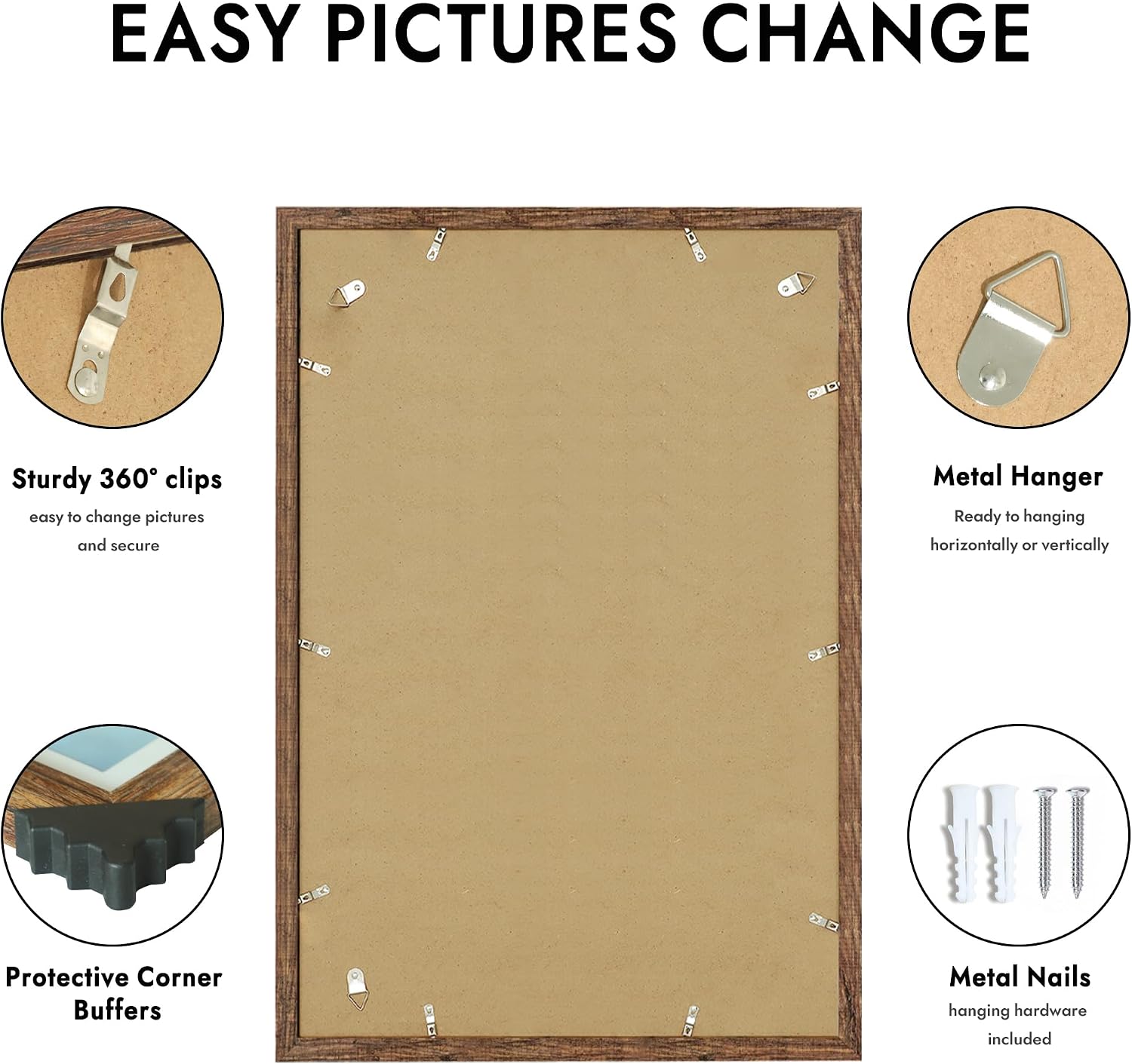 Detalle de Hongkee 20x30 Frame in Rustic Brown Wood Style — Display Posters 16x24 with Mat or 20x30 without Mat