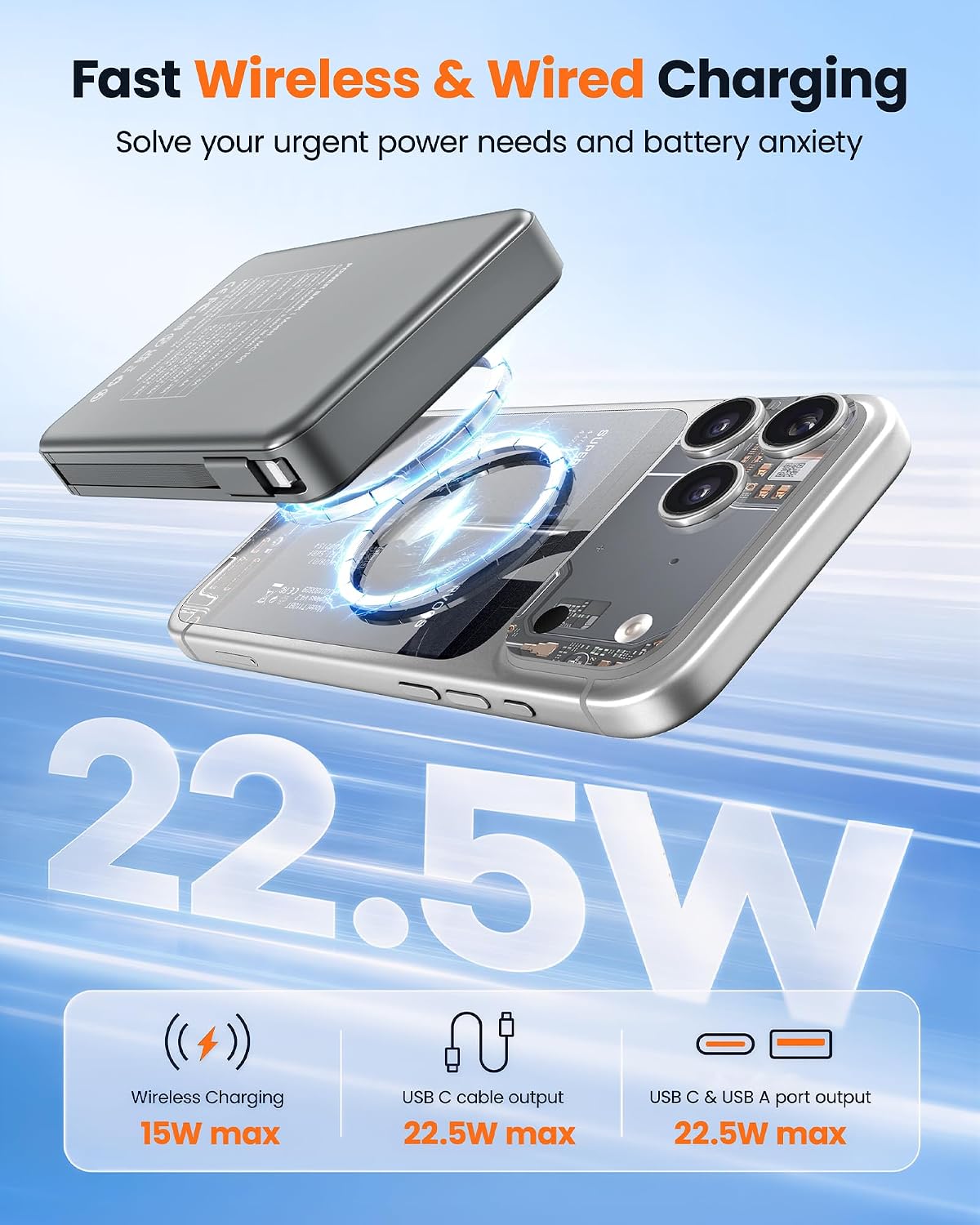 Detalle de RONEGN MC100 Magnetic Power Bank, 10,000mAh, 15W Wireless, Built-In Cables