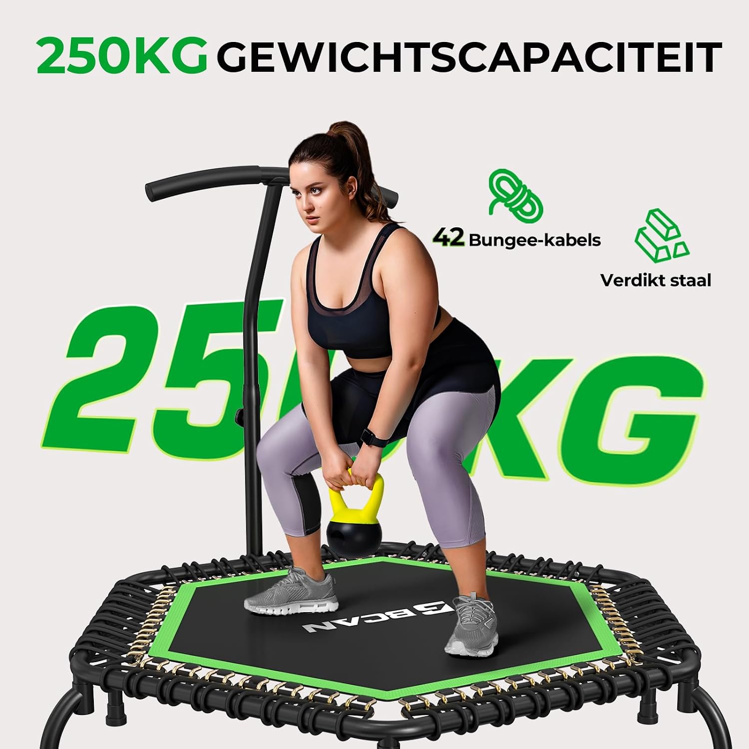 Detalle de BCAN 48T6 fitnesstrampoline 122 cm met elastische koorden en verstelbare T-stang