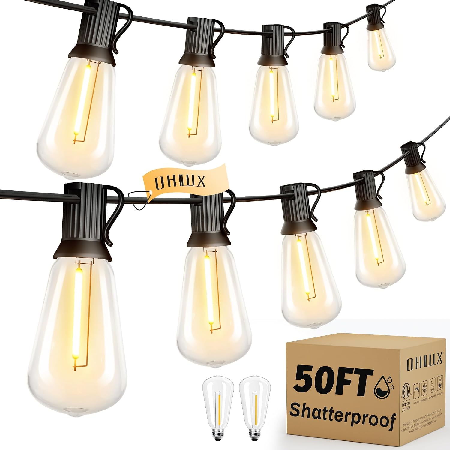 Detalle de OHLUX GLS-20J2P-E17-ST38- Outdoor String Lights, 50 ft, 22 Warm LED Bulbs