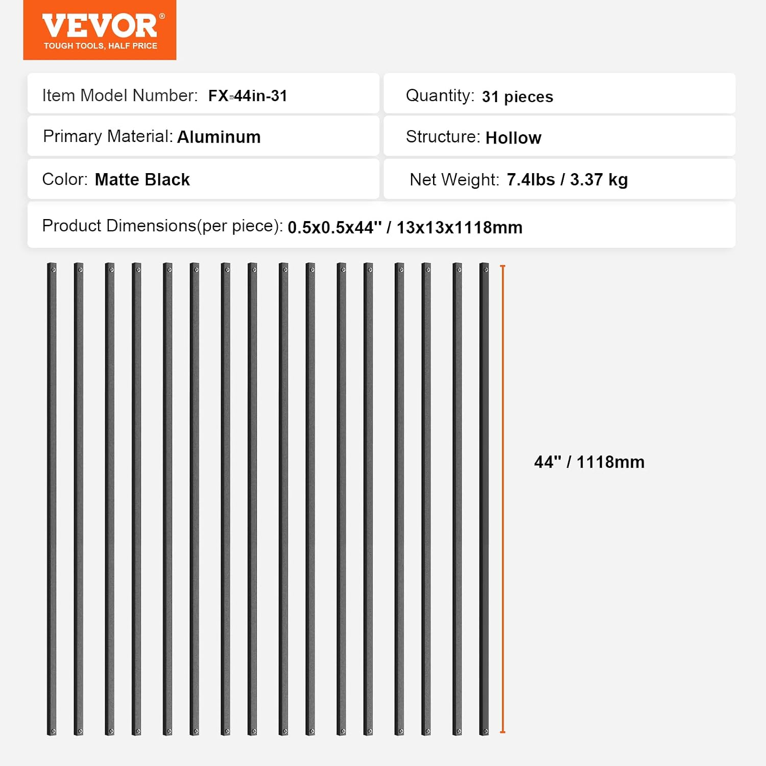 Thumbnail 6 de VEVOR Balaustre in Metallo per Scale 1118 x 13 mm – Kit da 31 pezzi in alluminio verniciato a polvere nera satinata, passerella per scale e ponti