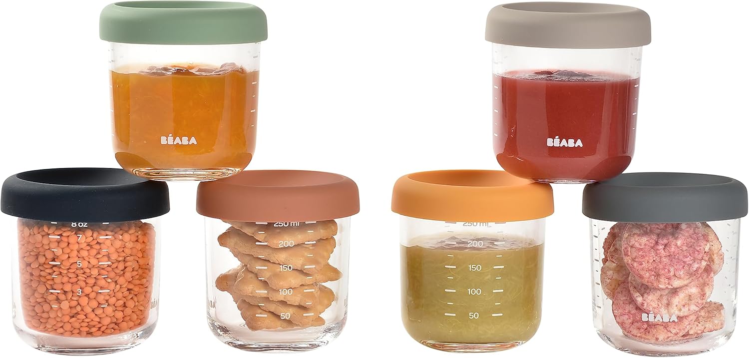 Detalle de BÉABA Set di 6 Vasetti in Vetro da 250 ml per Pappe: graduati, termoresistenti e con coperchi colorati