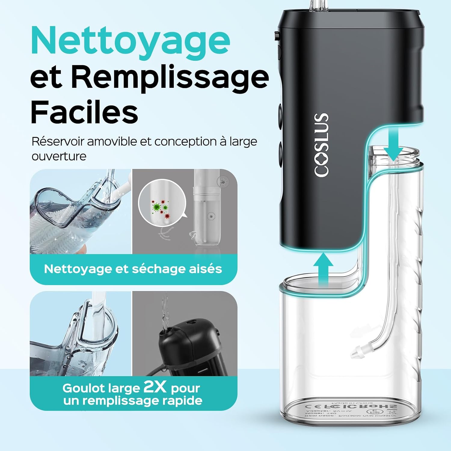 Detalle de COSLUS T40 draagbare monddouche met 4 standen en IPX7-bescherming