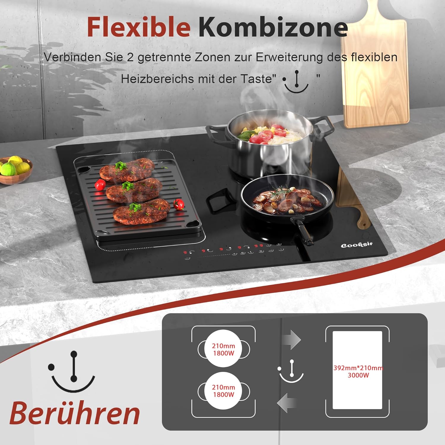 Detalle de Cooksir Induktionskochfeld 60 cm mit Stecker – 4 Zonen, 3500 W, 220 V, 16 A