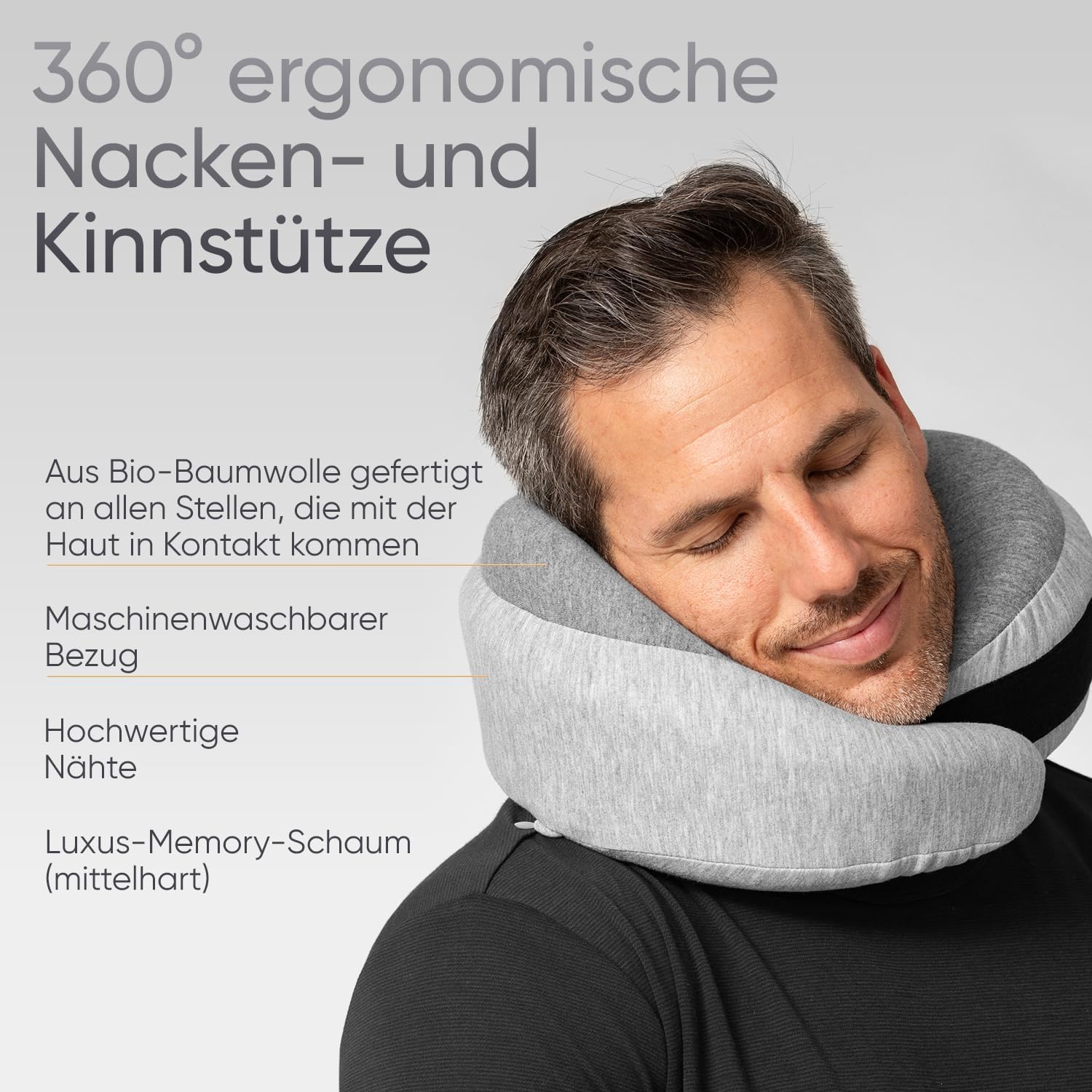 Thumbnail 3 de Proglobe Luxe Reisekissen aus Memory-Schaum – Hellgrau, Bio-Baumwolle, mit Kinnstütze