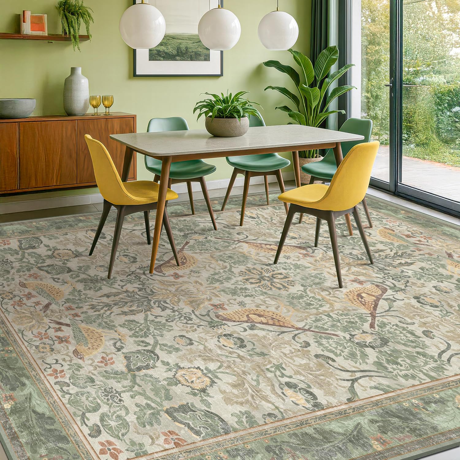 Thumbnail 2 de Floral Washable Large Rugs 10x14 in Sage Green (Soft Non-Skid Low Pile, Machine Washable Indoor Area Rug)