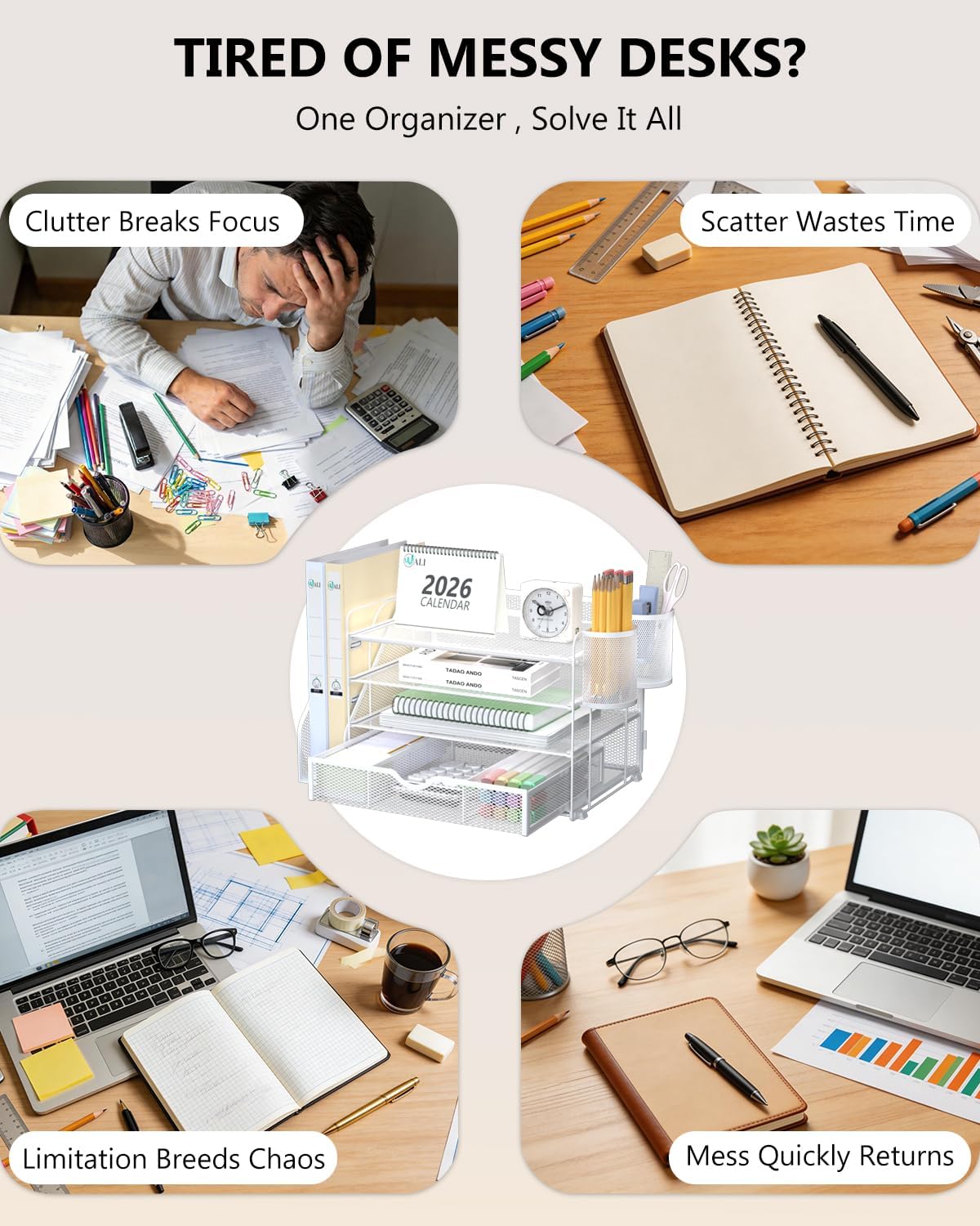 Detalle de WALI DO005DH-W 4-Tier Metal Desk File Organizer with Drawer and Pen Holders