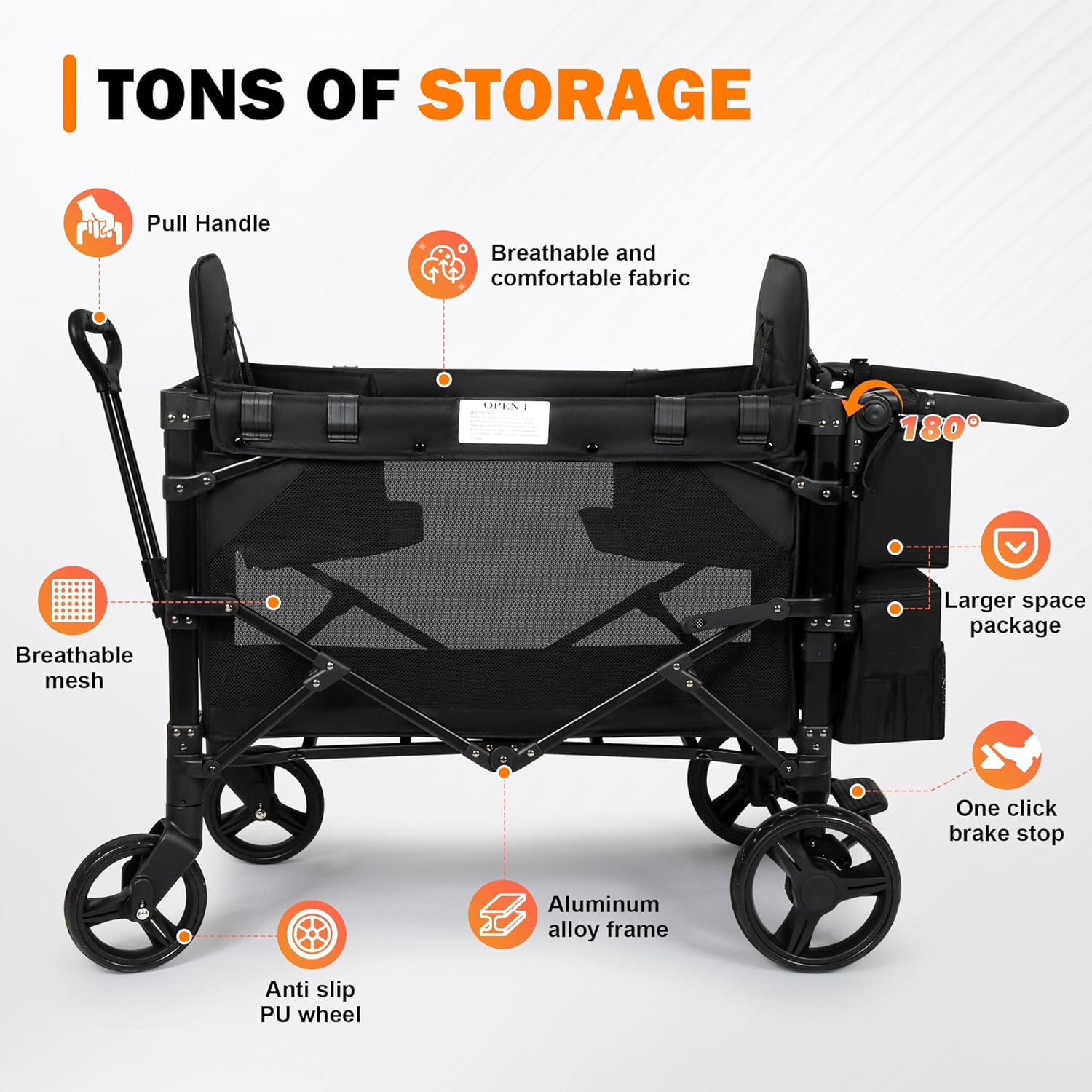 Thumbnail 1 de Wagon Stroller for 2 Kids, High Seat & 5 Point Harness - All-Terrain Foldable Wagon with Canopy (Black, W2-M)