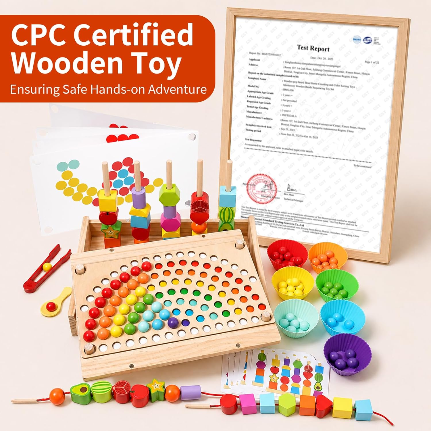 Detalle 2 de INIFEIDALA Toddler Montessori Learning Toy: Rainbow Stacking & Lacing Beads Wooden Peg Board Set
