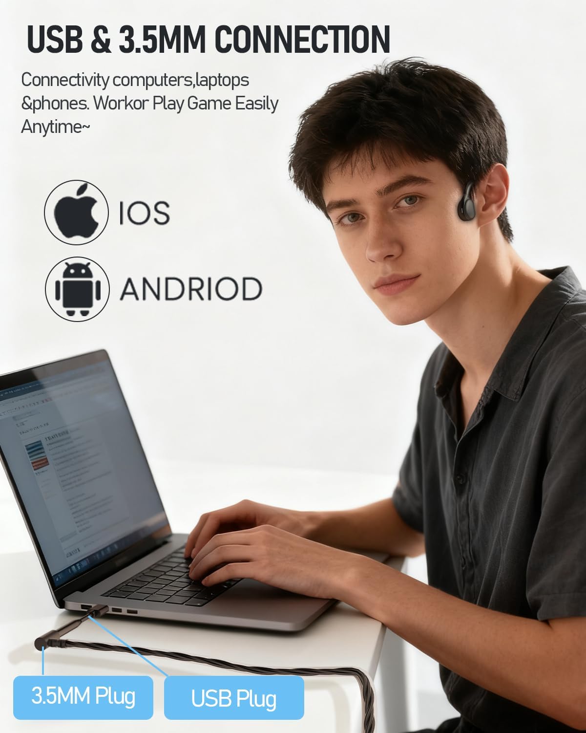 Thumbnail 5 de ANSTEN Open-Ear Headset mit Kabel (3,5-mm/USB) und Mikrofon für PC & Telefon