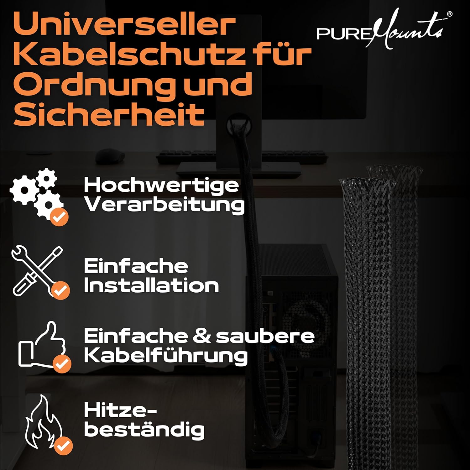 Thumbnail 6 de PureMounts PM-SOCKS-20B-50 Universeller Polyester-Kabelschlauch (selbst zusammenziehend), Ø 20 mm, schwarz, Rolle 50 m