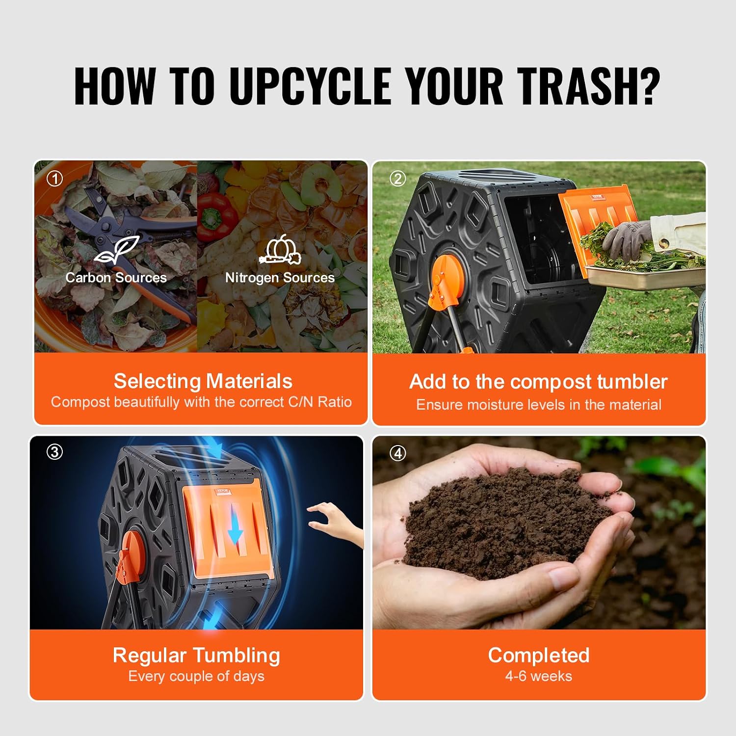 Detalle de VEVOR Composteur de Jardin Rotatif 70 L – Bac à Compost 360° en PP et Acier sans BPA