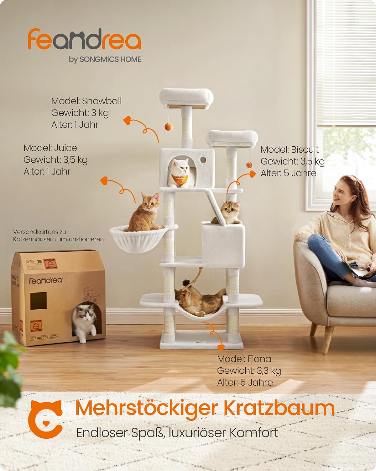 Detalle 2 de Feandrea Kratzbaum groß 168 cm L Katzenbaum mit 13 Kratzsäulen