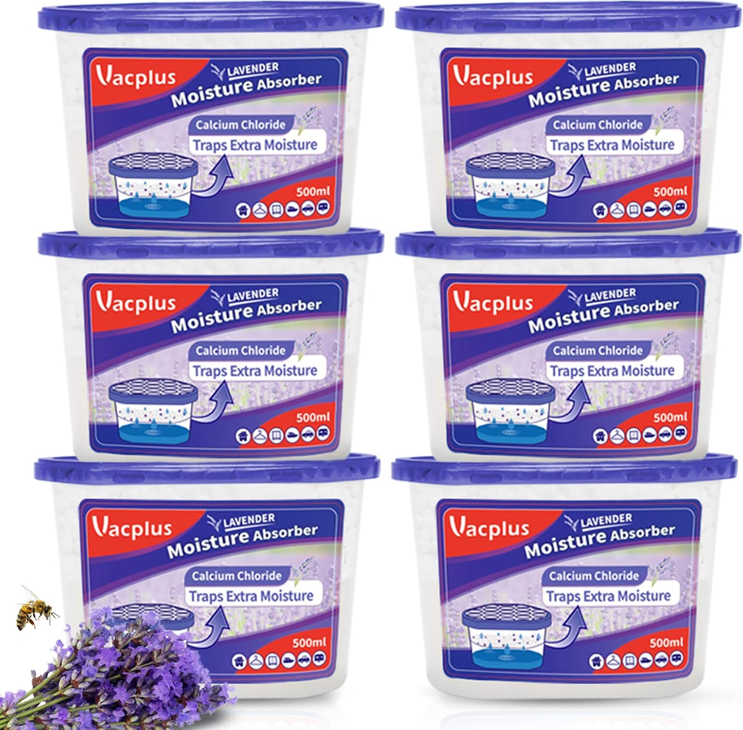 Detalle de Vacplus Moisture Absorbers 6 Pack: Portable, Fragrance-Free Dehumidifiers for Bathroom, Closet & Car