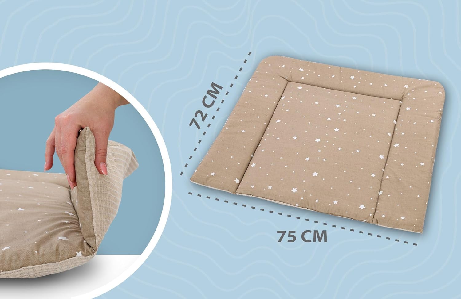 Thumbnail 2 de Materassino fasciatoio 75x72 cm in cotone lavabile: cuscino neonato pieghevole e portatile, beige con stelle bianche