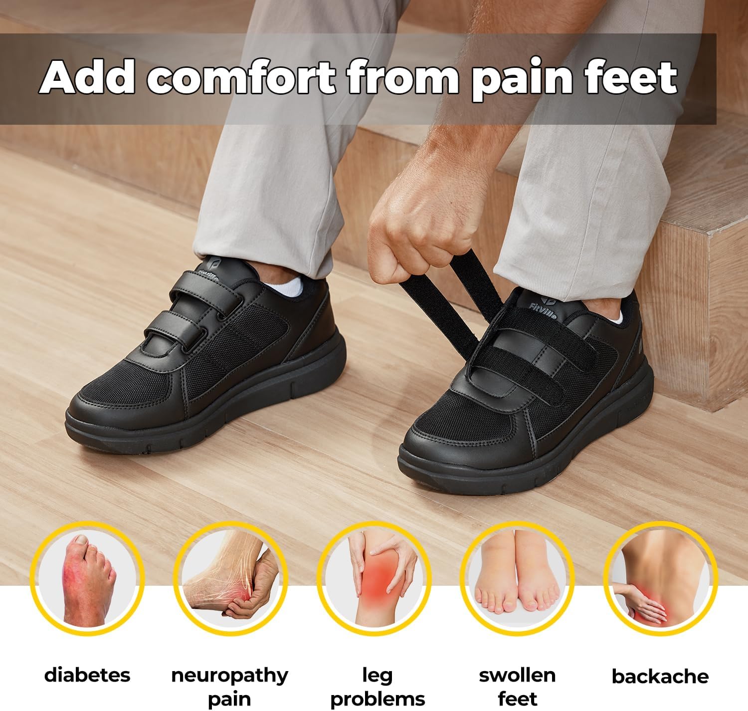 Detalle de FitVille Men's Diabetic Shoes: Extra Wide, Neuropathy Relief with Adjustable Straps