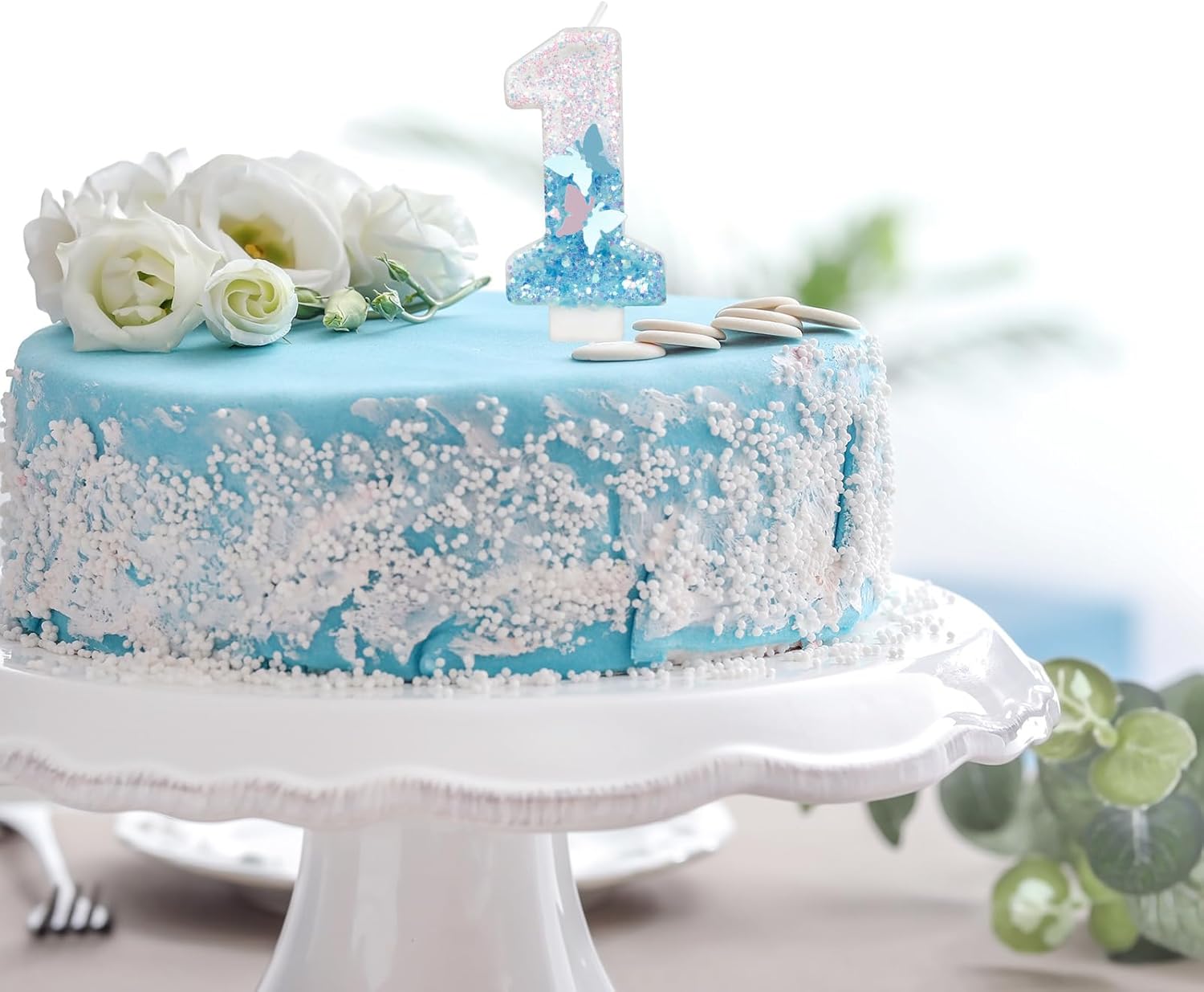 Thumbnail 3 de Yiran Geburtstagskerzen „Zahlen 21“ mit Schmetterling & blaue Pailletten – personalisierte Kuchendeko