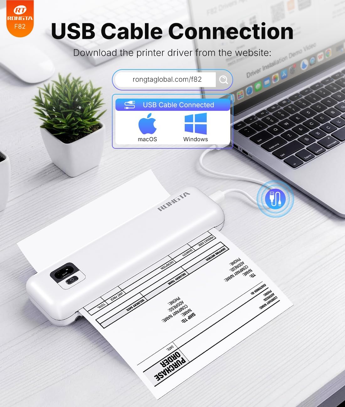 Thumbnail 2 de Rongta F82 Portable Wireless Thermal Printer (Inkless) for Travel, A4, Bluetooth & USB — White