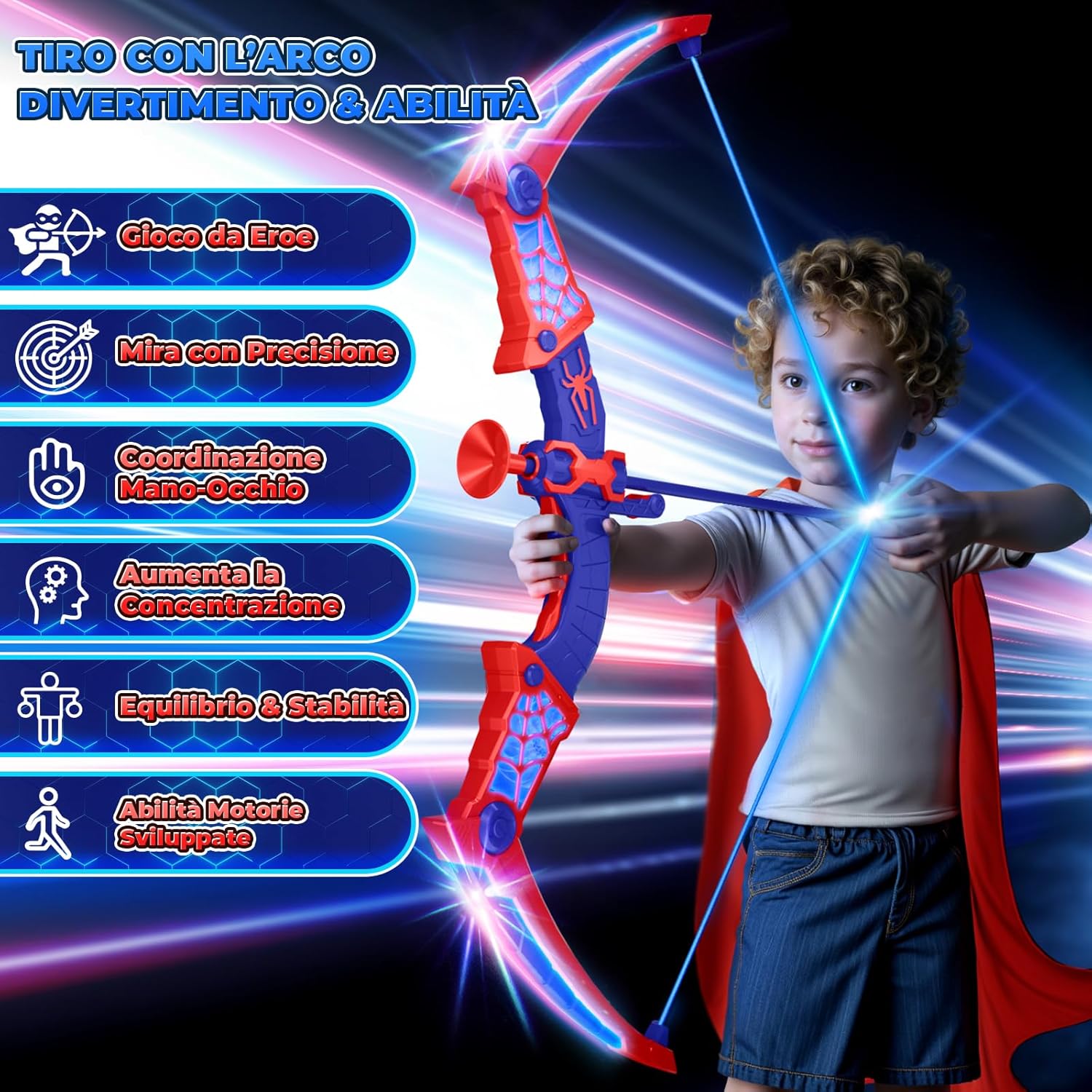 Thumbnail 1 de Set arco e frecce a ventosa con luci LED rosse e blu – Zainetto supercool e bersaglio doppio per bambini 3-12 anni