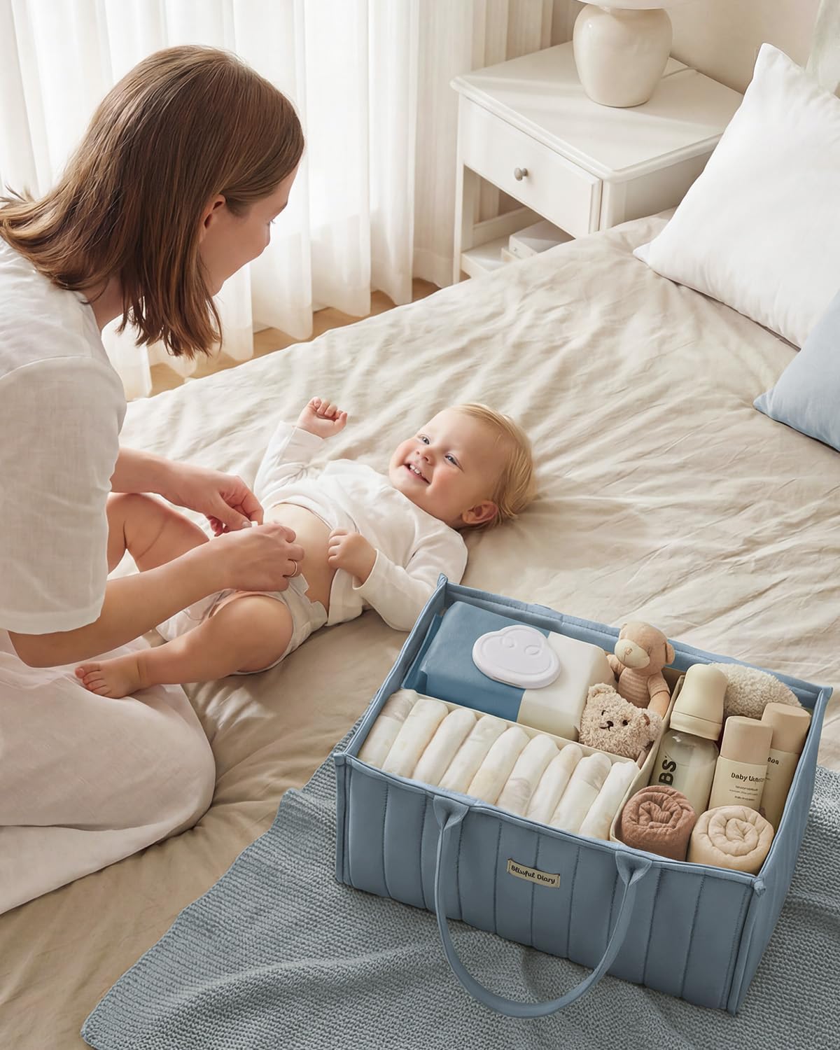 Detalle de Blissful Diary Baby Diaper Caddy, Dusty Blue Polyester Organizer with 3 Compartments