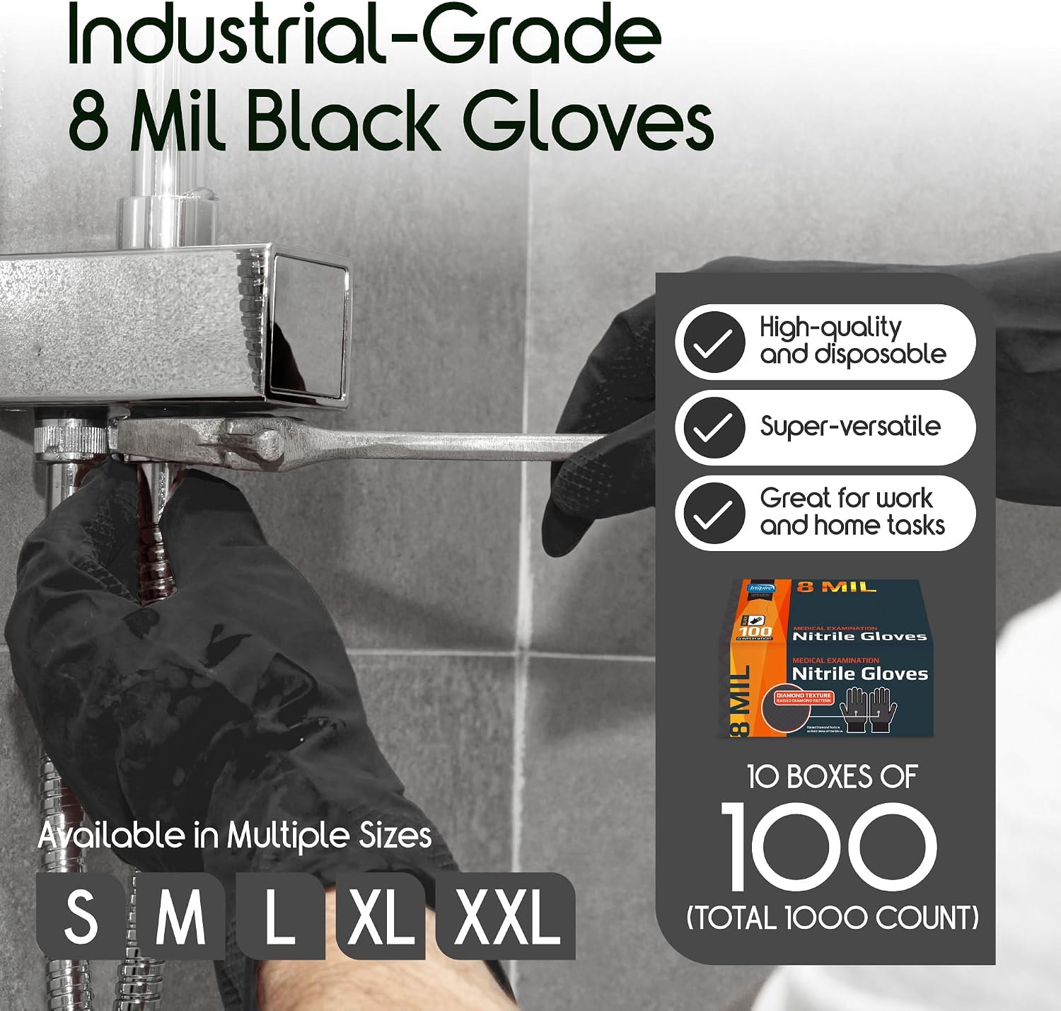 Detalle 1 de Inspire Heavy Duty Stretch Nitrile Gloves, Black, Latex-Free, Touchscreen-Friendly