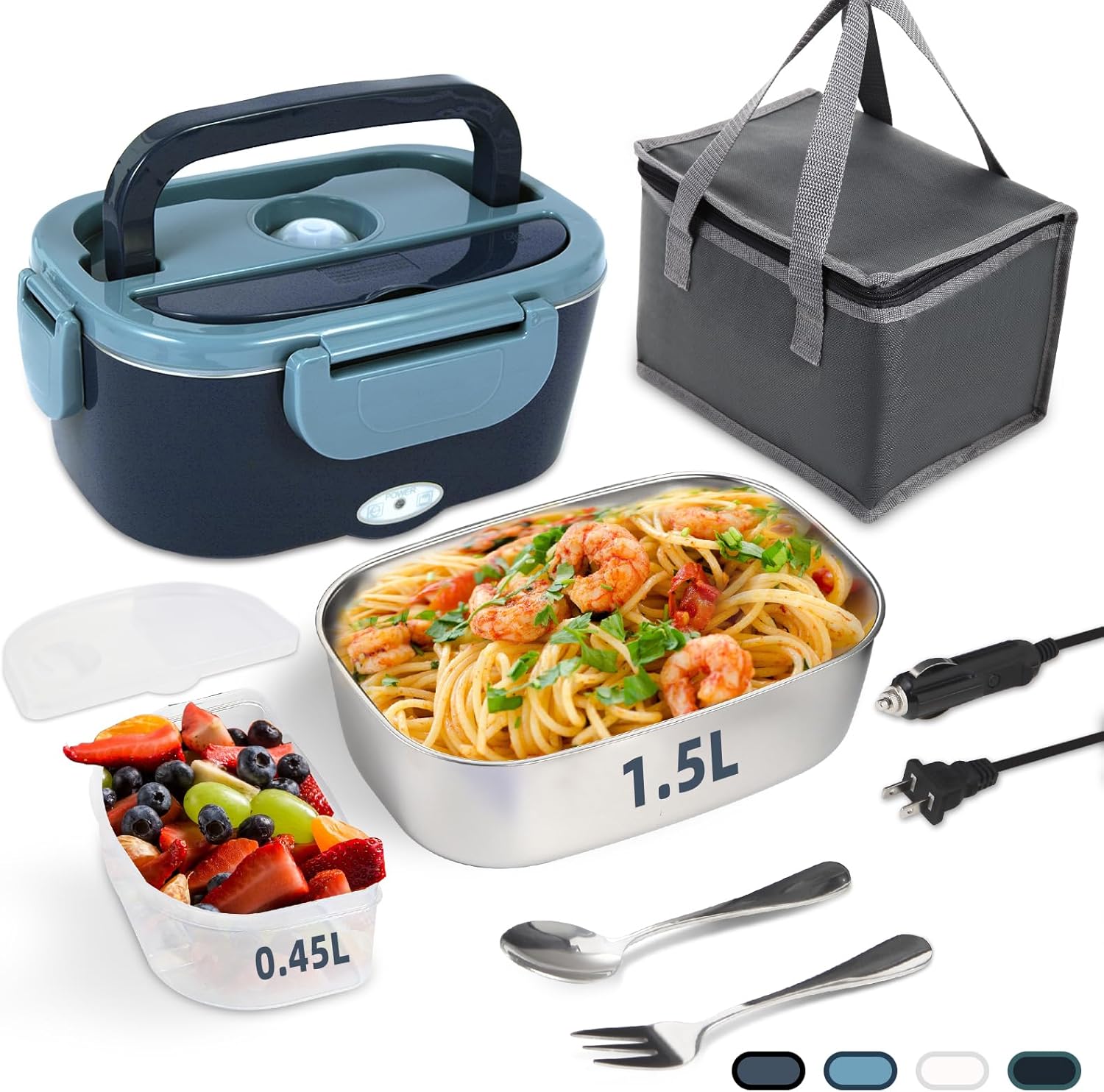 Detalle de SOHIDA Electric Lunch Box, 80W 1.5 L Food Warmer for 12V/24V/110V, Blue