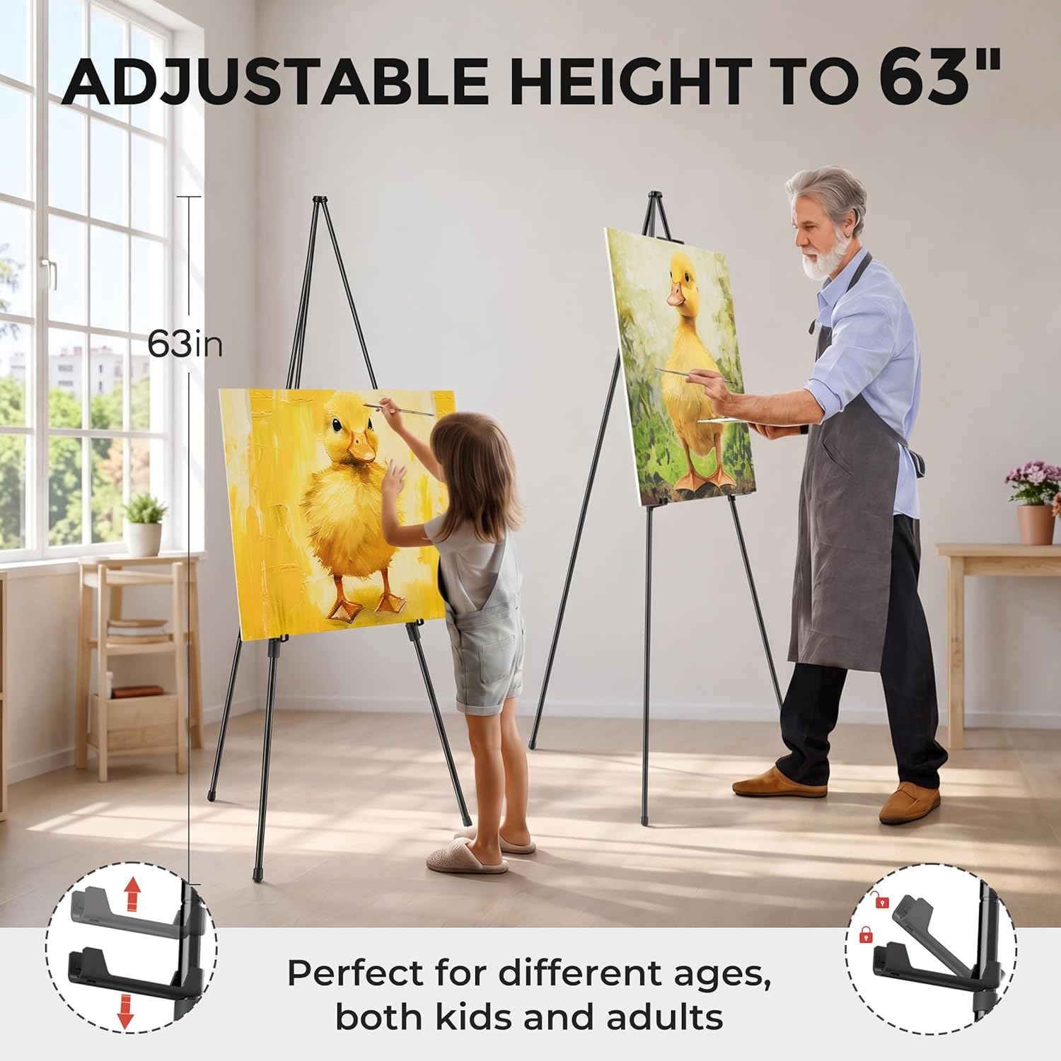 Detalle de Nicpro Folding Easel for Display, 63-Inch Metal Floor Easel Stand – Portable Black Tripod with Carry Bag