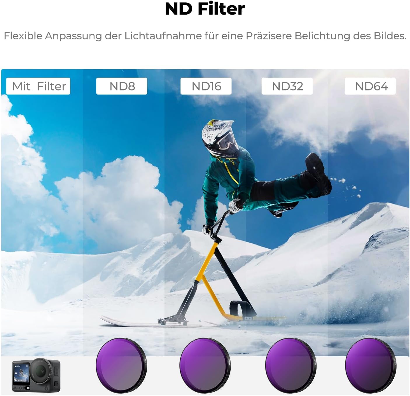 Detalle de K&F CONCEPT Clip-On Schnellwechsel-Filter-Kit für DJI Osmo Action 6 – 4er-Pack ND8/ND16/ND32/ND64 (mit PL)