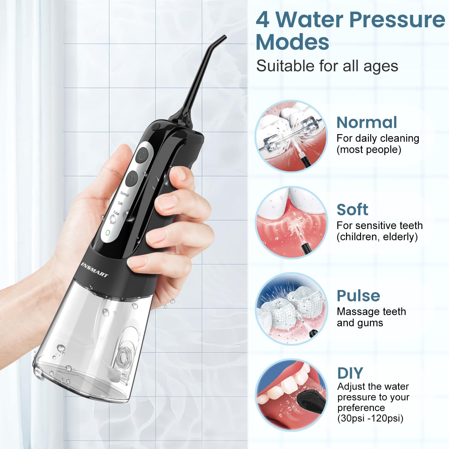 Detalle 2 de INSMART Cordless Water Flosser: 300 ml Tank, 3 Modes, USB Recharge, IPX7, Travel Ready