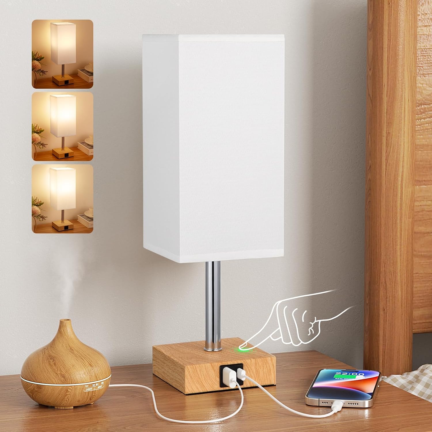 Detalle de Aooshine White Bedside Lamp with Square Fabric Shade and USB Ports
