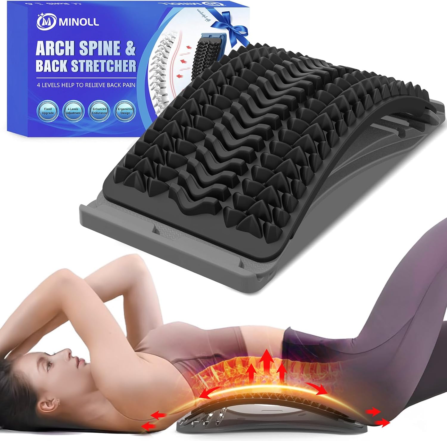 Detalle de MINOLL Back Stretcher for Lower Back Pain Relief – Multiple Level Adjustable Lumbar Back Cracker Board