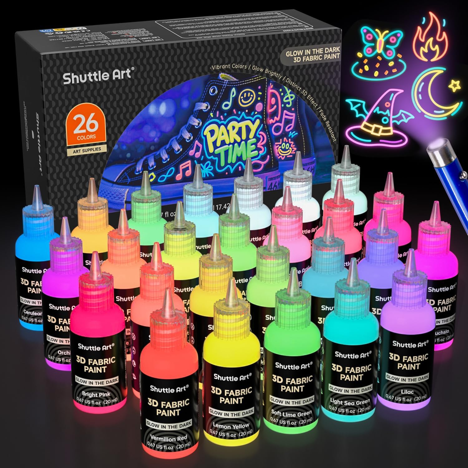 Detalle de Shuttle Art 3D Textilfarbe „Glow in the Dark“ – 26 fluoreszierende Stoffmalfarben (waschmaschinenfest) für T-Shirts & Co.