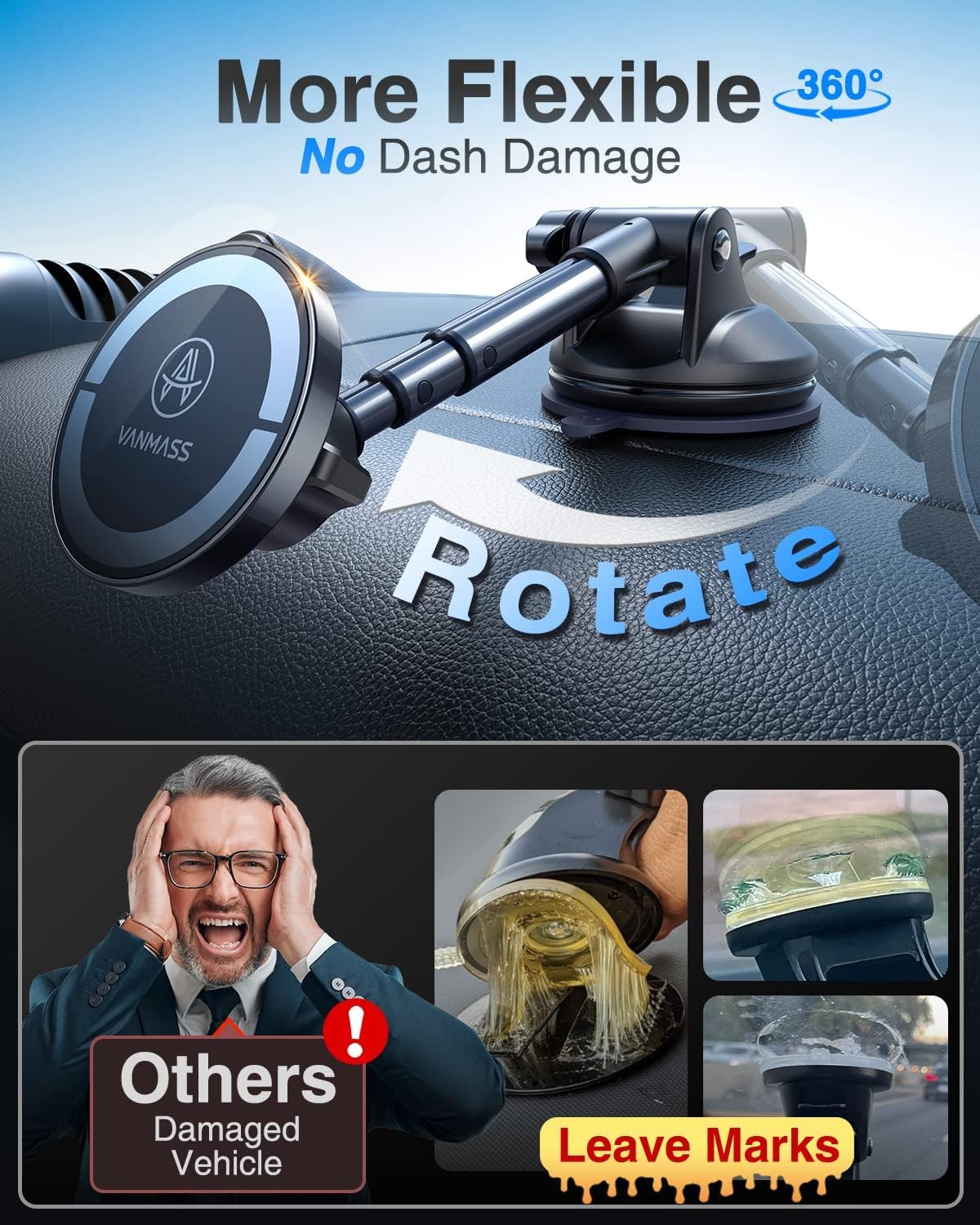 Thumbnail 6 de VANMASS Magnetic Car Phone Holder (MagSafe) with NdFeB magnets, suction mount and aluminium telescopic arm