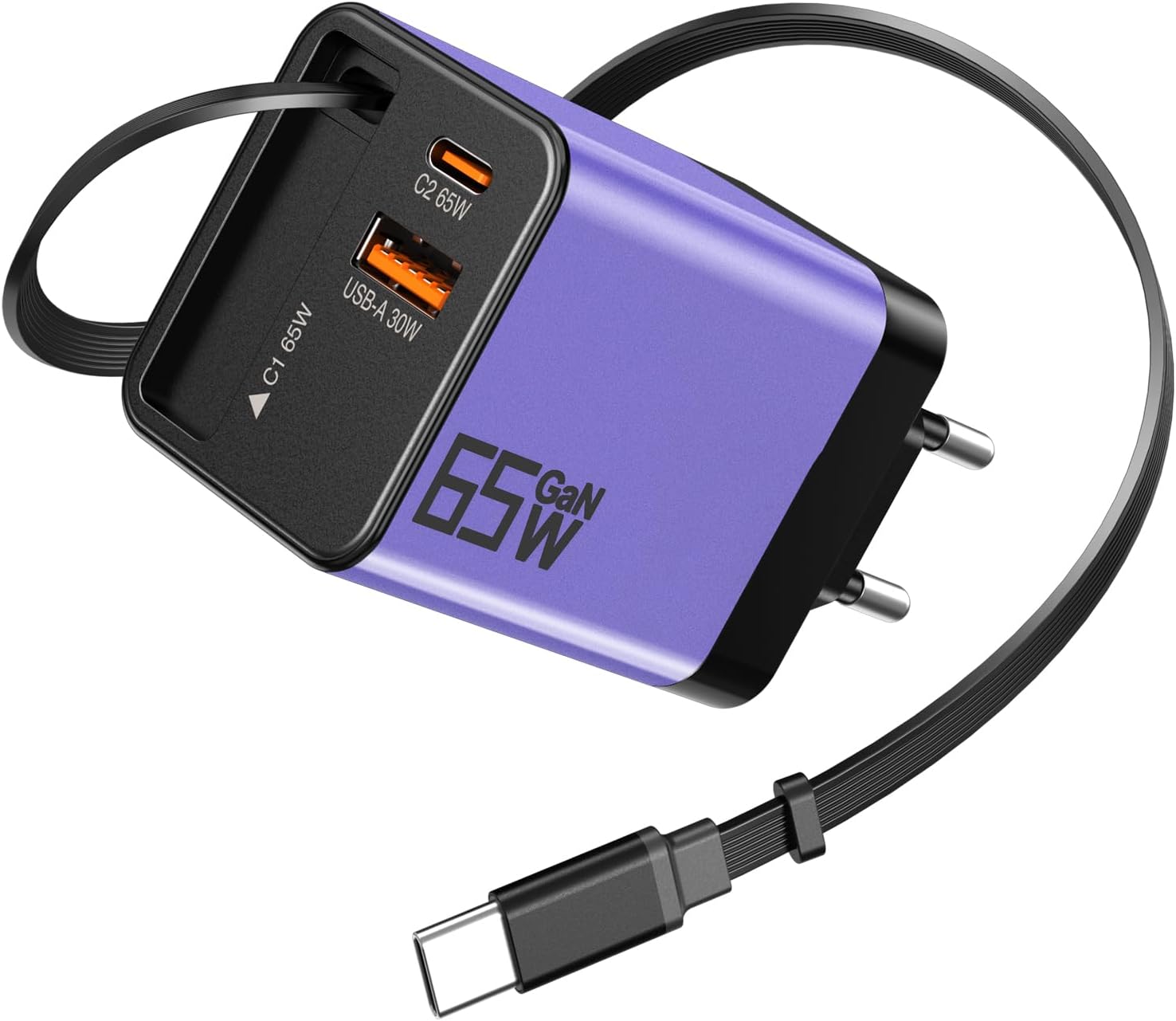 Detalle de USB-C Ladegerät 65W mit Einziehbarem Kabel – GaN, 3-Port, kompakt und sicher